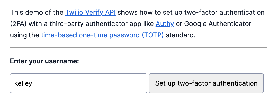 screenshot of the TOTP sample application with a form to enter your username and set up 2FA