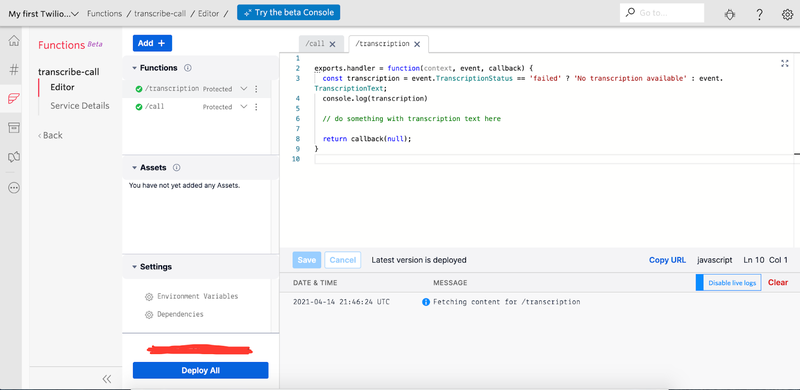 Captura de tela do editor de funções mostrando as duas funções e o código interno