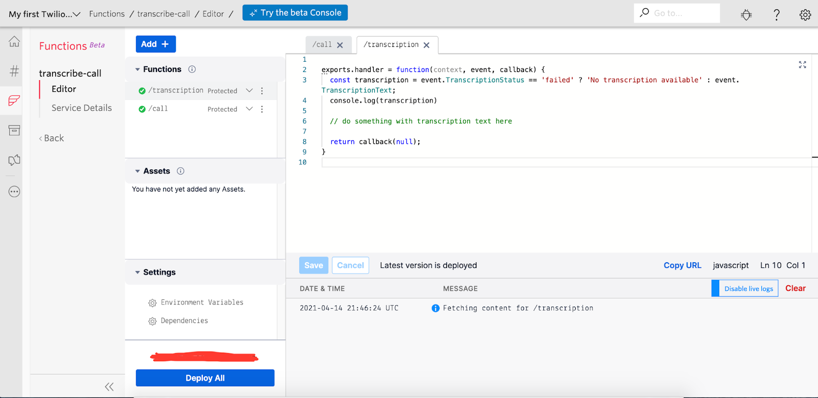 Screenshot of Functions editor showing the two functions and the code inside