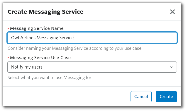 Screenshot: create message service dialog. I&#x27;ve called it "Owl Airlines Messaging Service"
