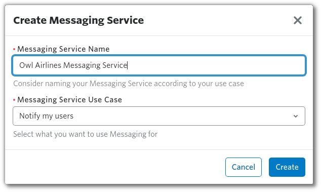 Screenshot: create message service dialog. I've called it "Owl Airlines Messaging Service"