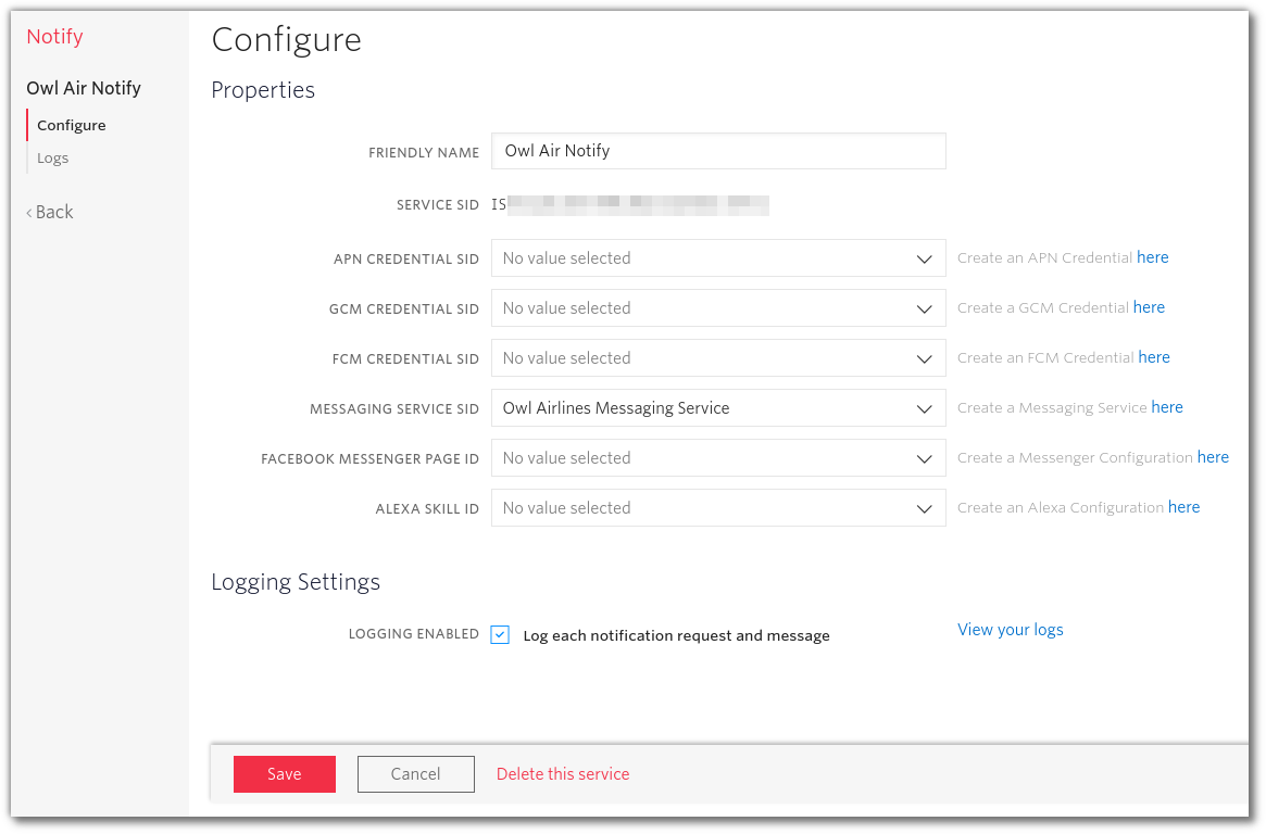 Screenshot: Creating a notify service. It has a name and a reference to the Messaging Service SID from above.