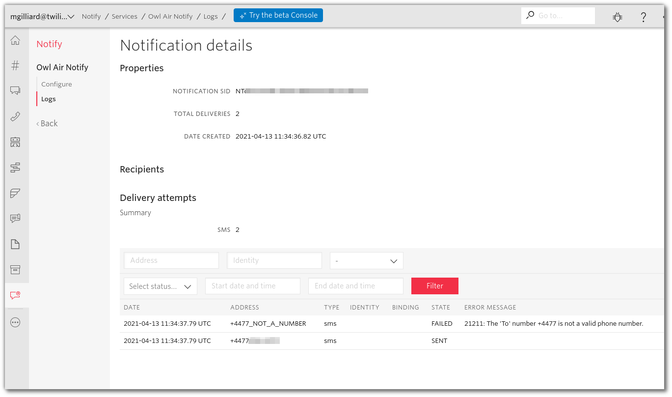 Screenshot: notification details showing one sent SMS and one failed because the number wasn't a real phone number.