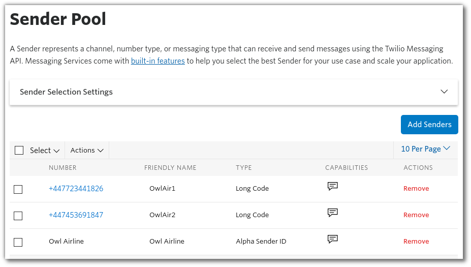 Screenshot: configuring the sender pool for a messaging service. Added 2 phone numbers and an Alpha Sender