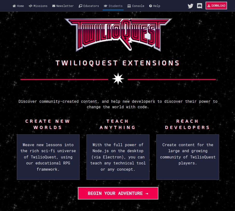A screenshot of the TwilioQuest Extension Gallery
