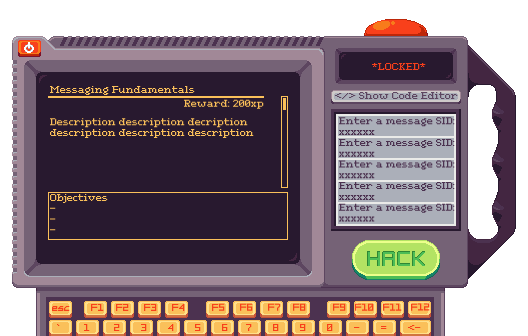 The in-game hacking tool showing objective information in the main screen area and a list of error messages along a right side panel.