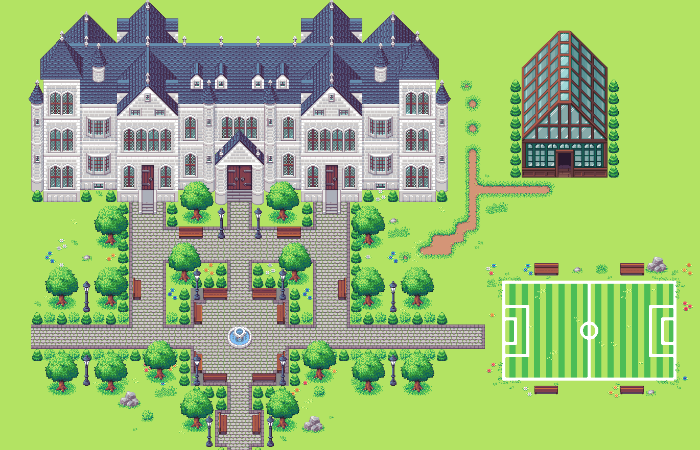 Image of a map created in the Tiled program showing a large estate with trees, walkways, a fountain, a soccar field, and a greenhouse.