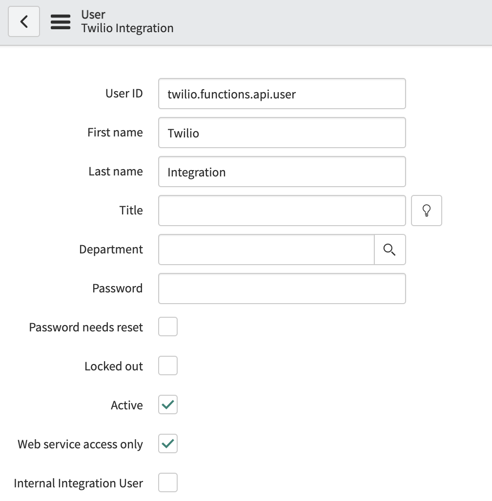 form for a User in Twilio Integration