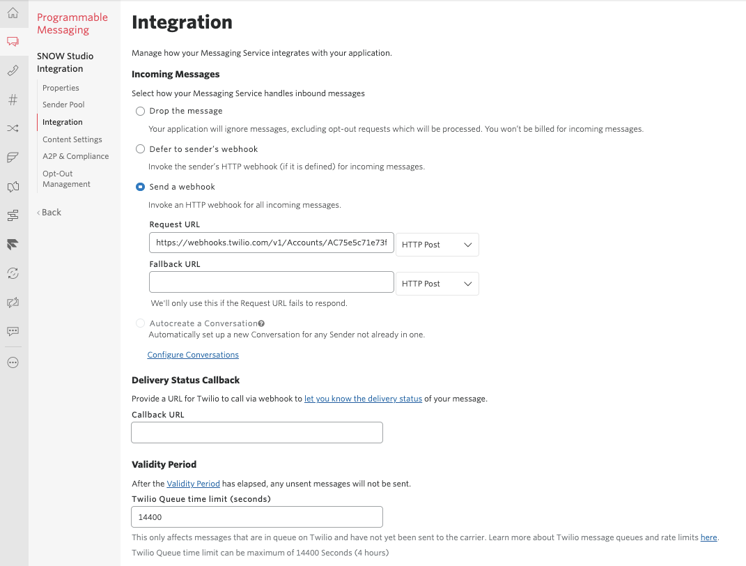 screenshot of the programmable messaging integration page