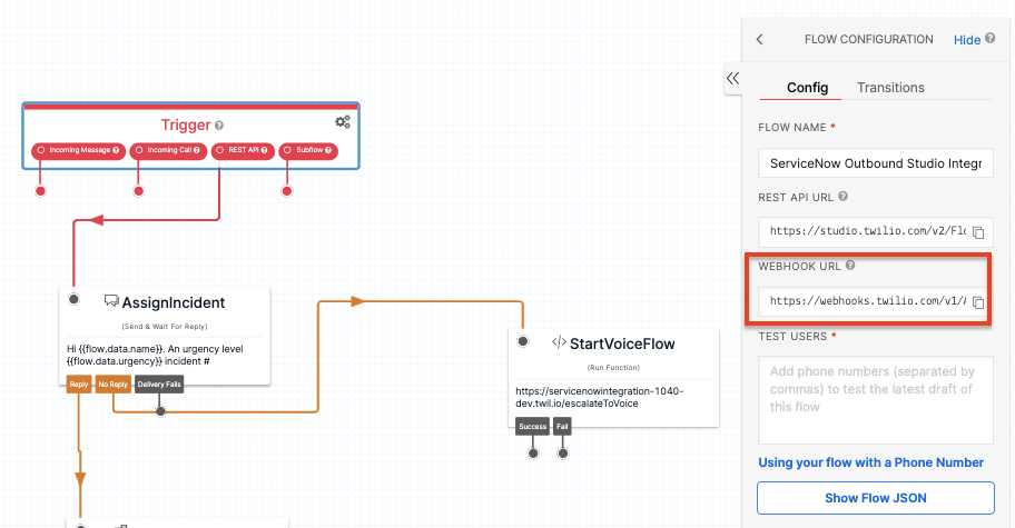 Twilio Studio Flow pointed to the Webhook URL