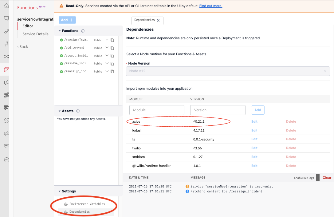 Twilio Functions console for the servicenow integration dependencies