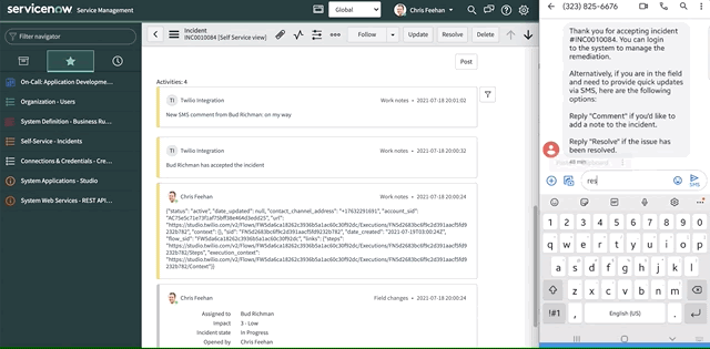 gif demonstrating the resolution of an incident in the servicenow twilio integration