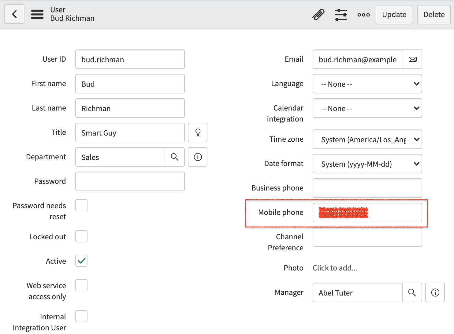 form of the user bud richman in servicenow integration with a missing mobile phone number