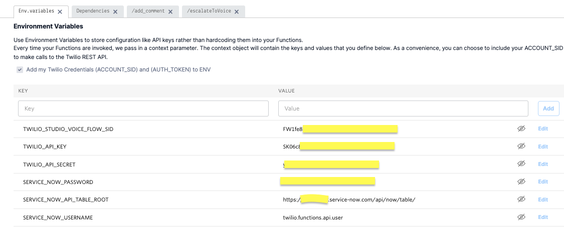 list of the environment variables for the service now integration project