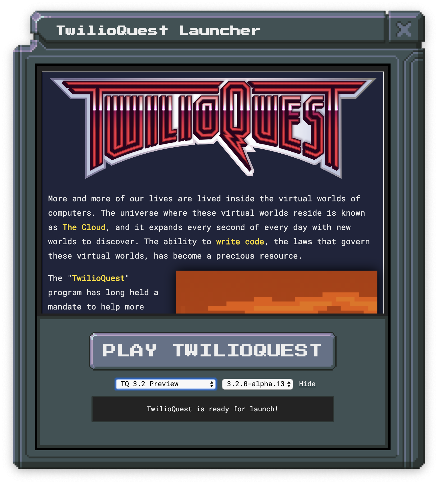 TwilioQuest Launcher with TQ 3.2 selected