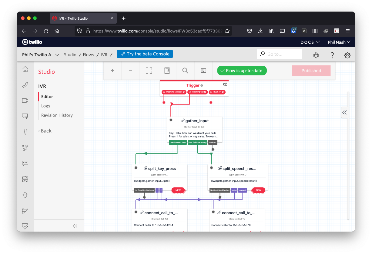 The template Flow has one trigger, a gather widget, two split widgets and two connect call widgets.