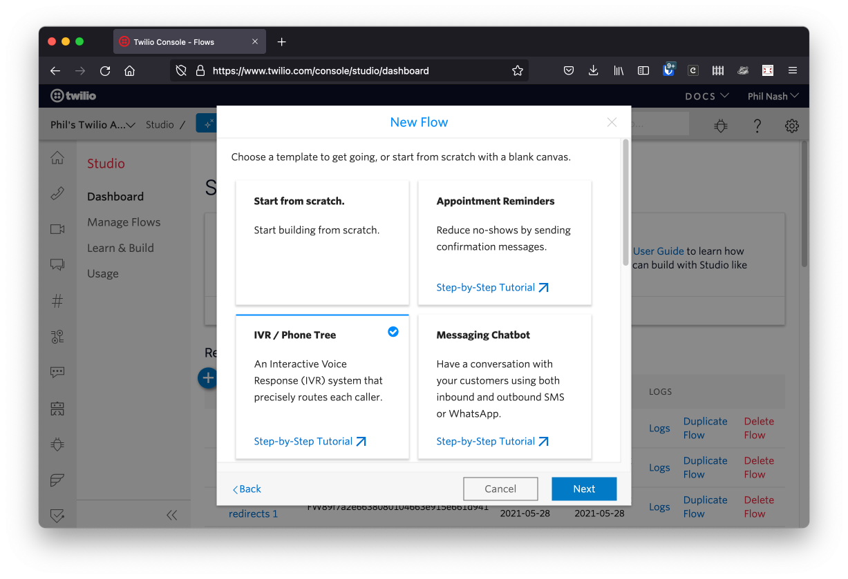 Once you have named your Flow, you can then choose from some templates: "Start from scratch", "Appointment reminders", "IVR / Phone Tree" and "Messaging Chatbot" are shown on the screen. Choose "IVR / Phone Tree" and click Next.