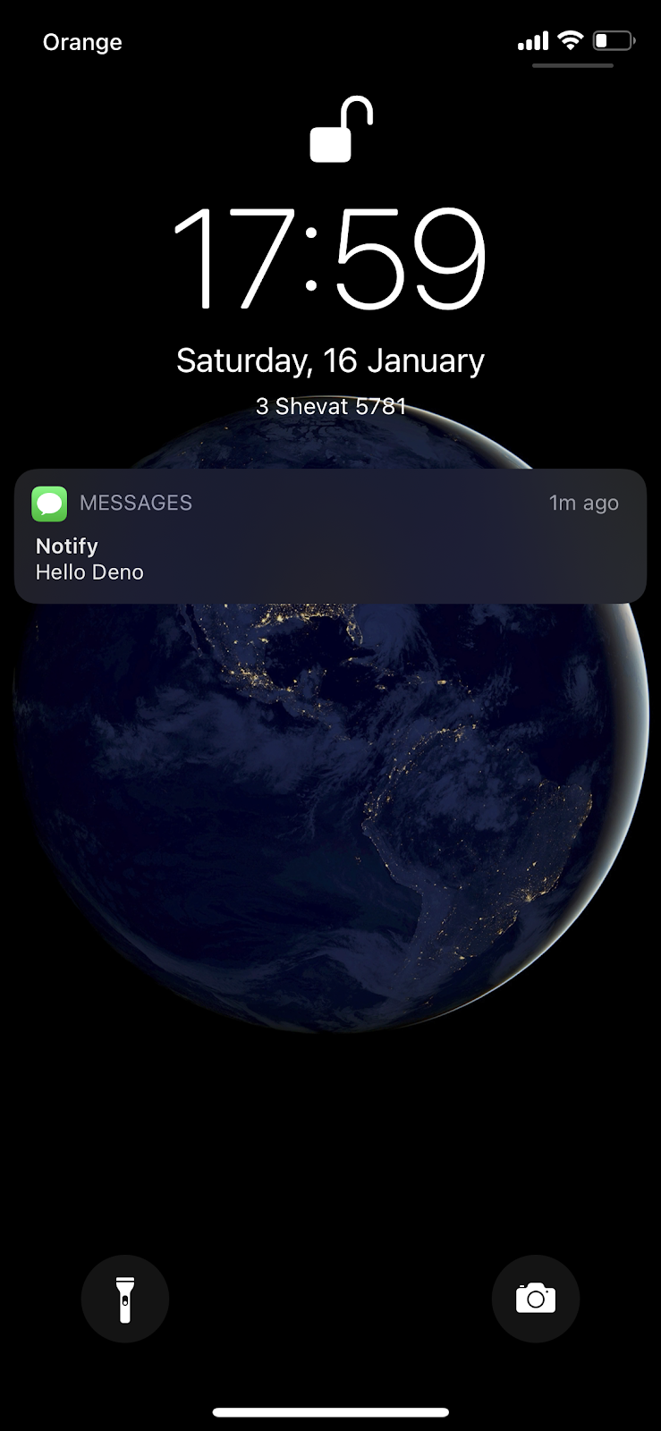 screenshot showing new message that says "hello deno" received on phone