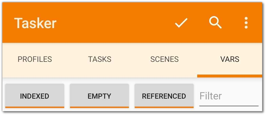 Tasker screenshot showing the tabs described in the text.
