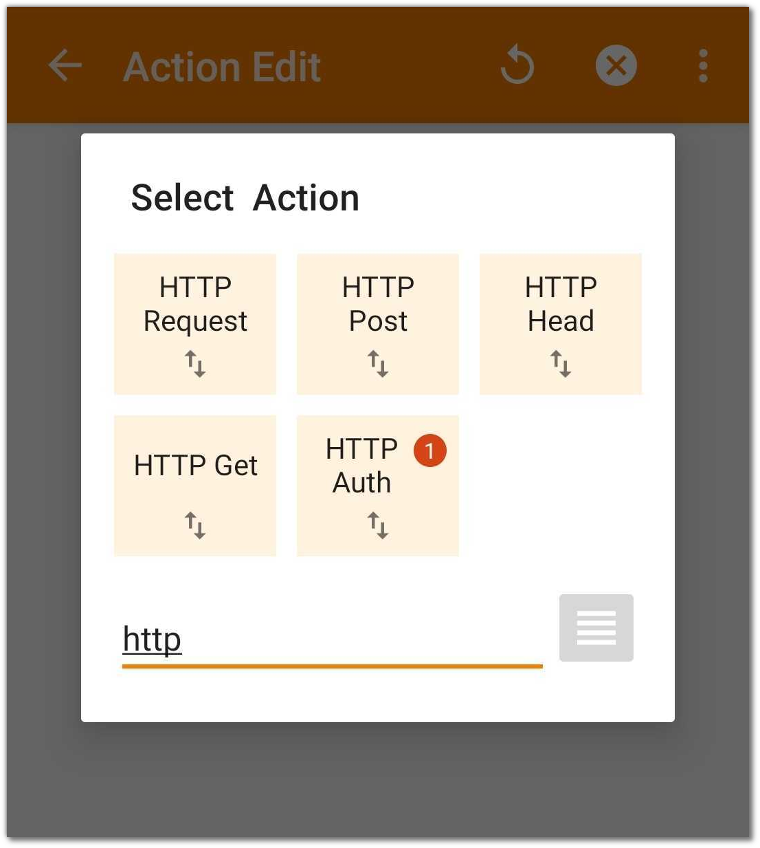 Tasker "select action" dialog showing "HTTP Request" amongst others.