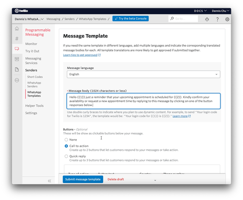 Creación de plantillas de mensajes interactivas en la consola Twilio