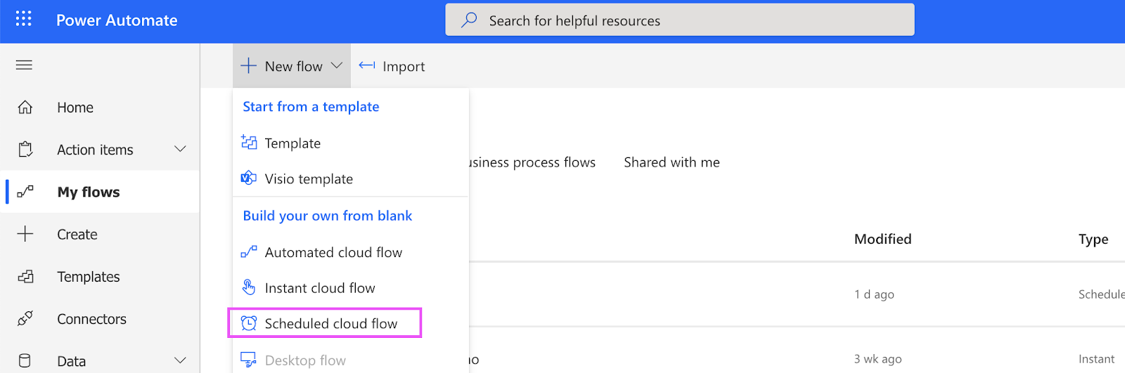 Screenshot showing how to add a new Power Automate flow