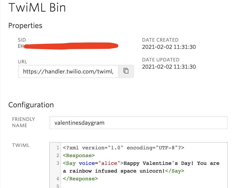 screenshot of the TwiML Bin properties for sending a Valentine&#x27;s Day gram with Twilio Functions
