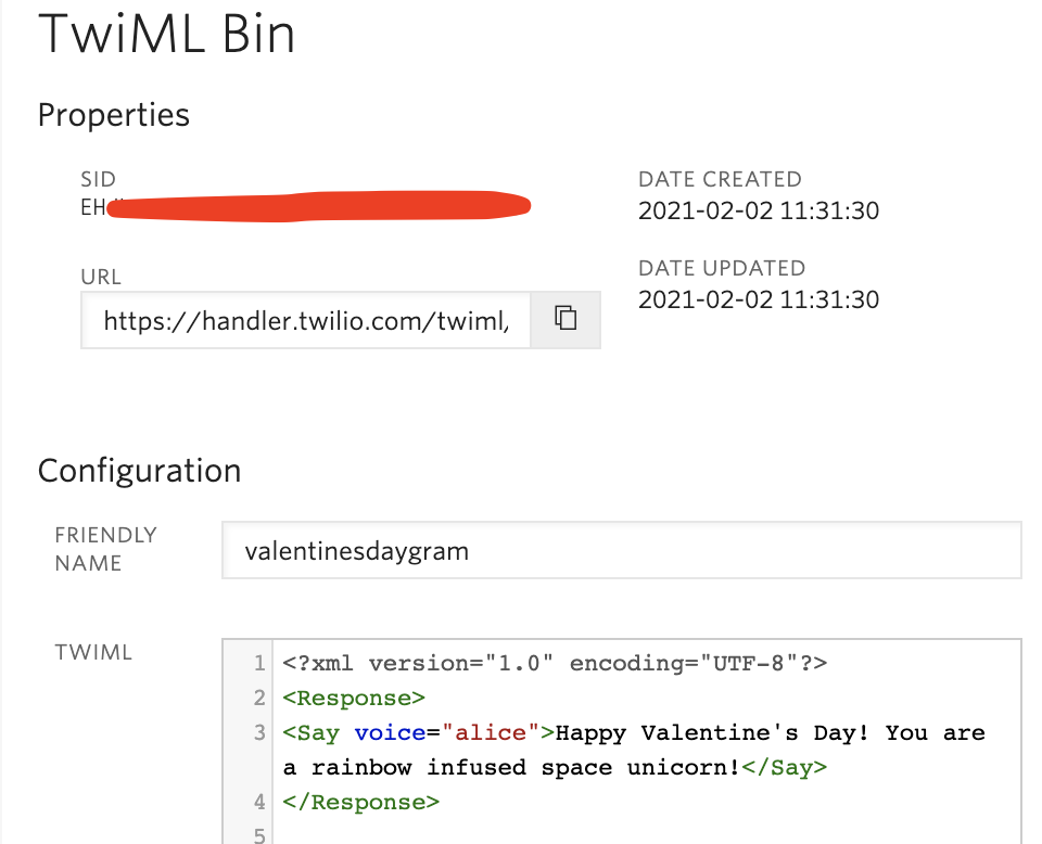 screenshot of the TwiML Bin properties for sending a Valentine's Day gram with Twilio Functions