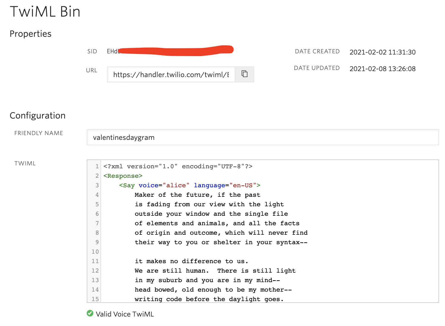 screenshot of TwiML Bin properties and configuration