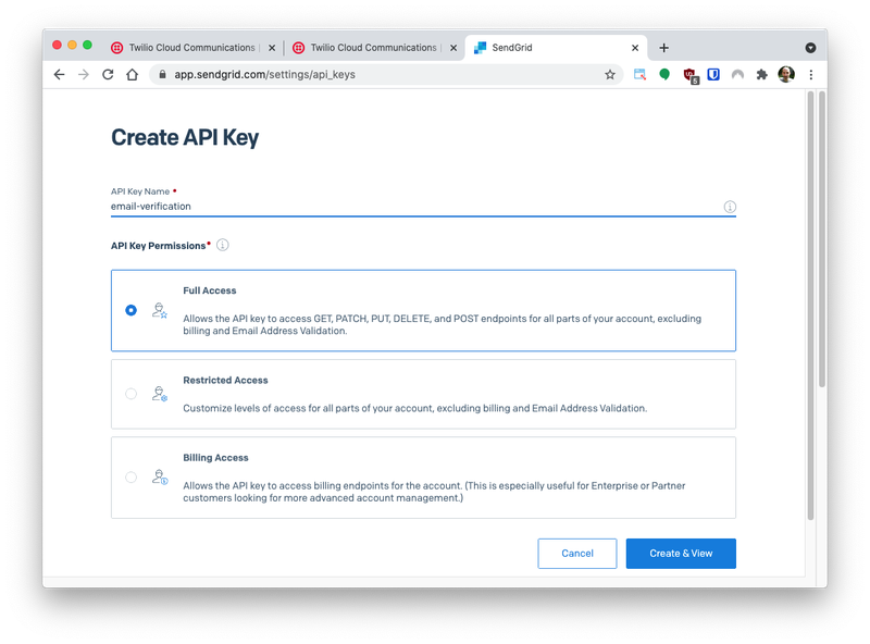 SendGrid crée une clé API