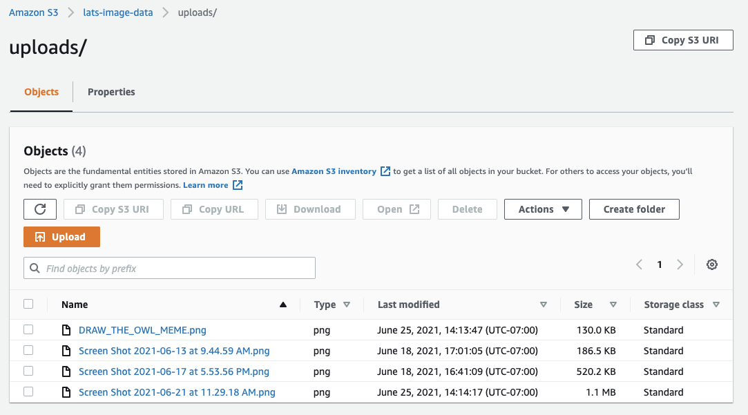 Amazon S3 bucket dashboard listing the name of file objects in the bucket