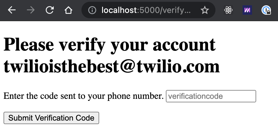 localhost asking to verify the account with a code sent to the phone number