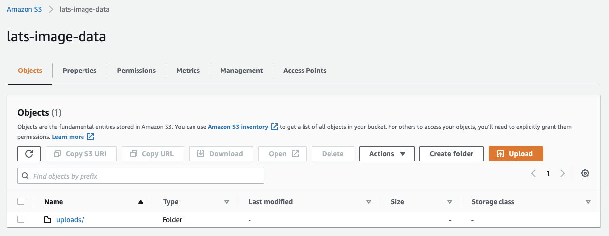 Amazon S3 bucket dashboard listing the objects present in the bucket