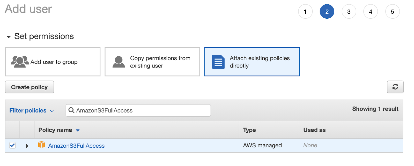 Settings page to Set permissions for the newly created IAM user with policy name AmazonS3FullAccess