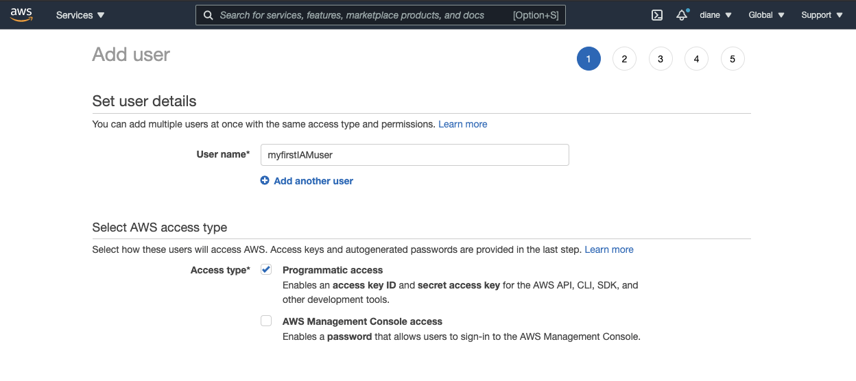 Options to Set user details in the user creation page for IAM users with the user name "myfirstIAMuser"