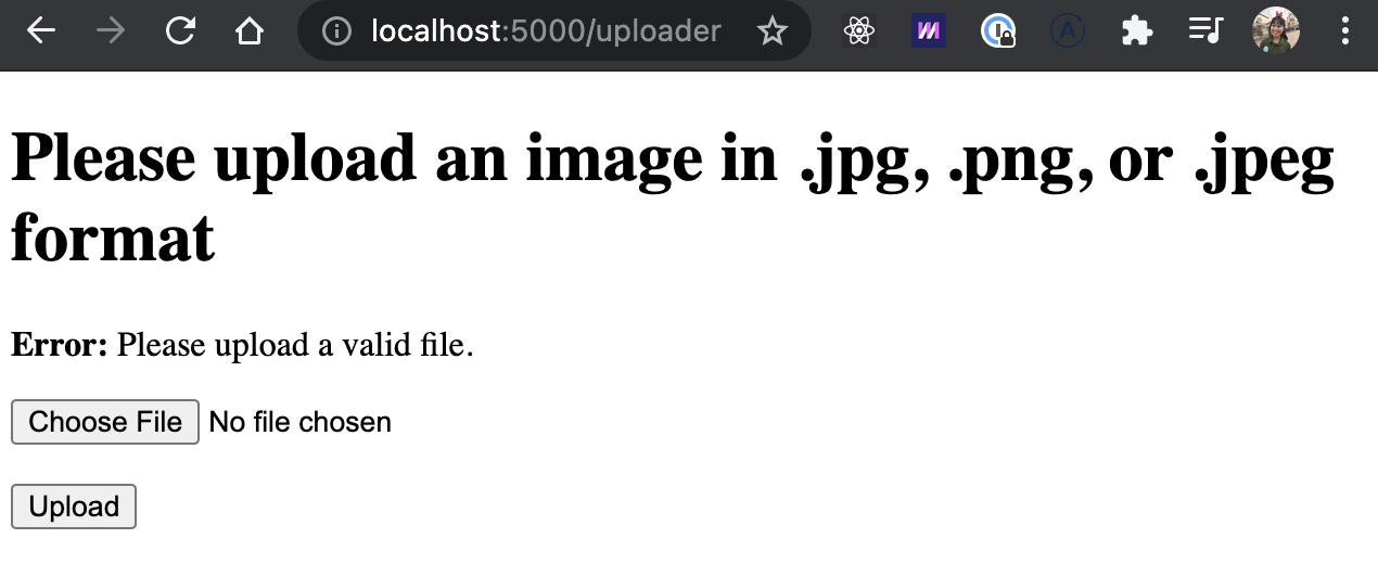 localhost page with error message saying "please upload a valid file"
