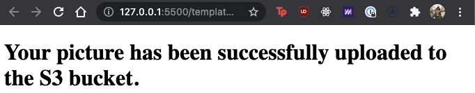 success page saying "your picture has been successfully uploaded to the S3 bucket"