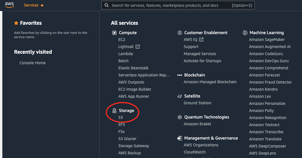AWS Services dashboard displaying the S3 option under the Storage section