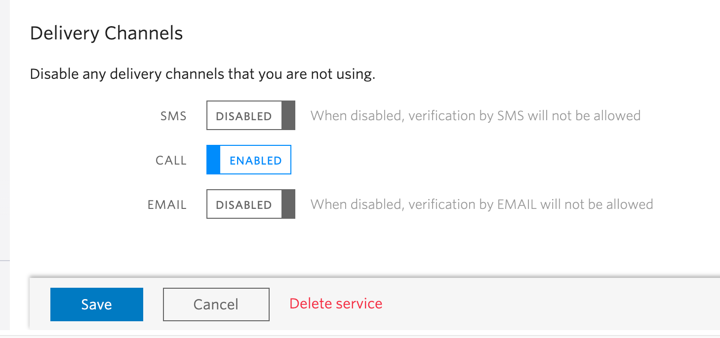 screenshot of verify service settings page showing call enabled and sms and email disabled