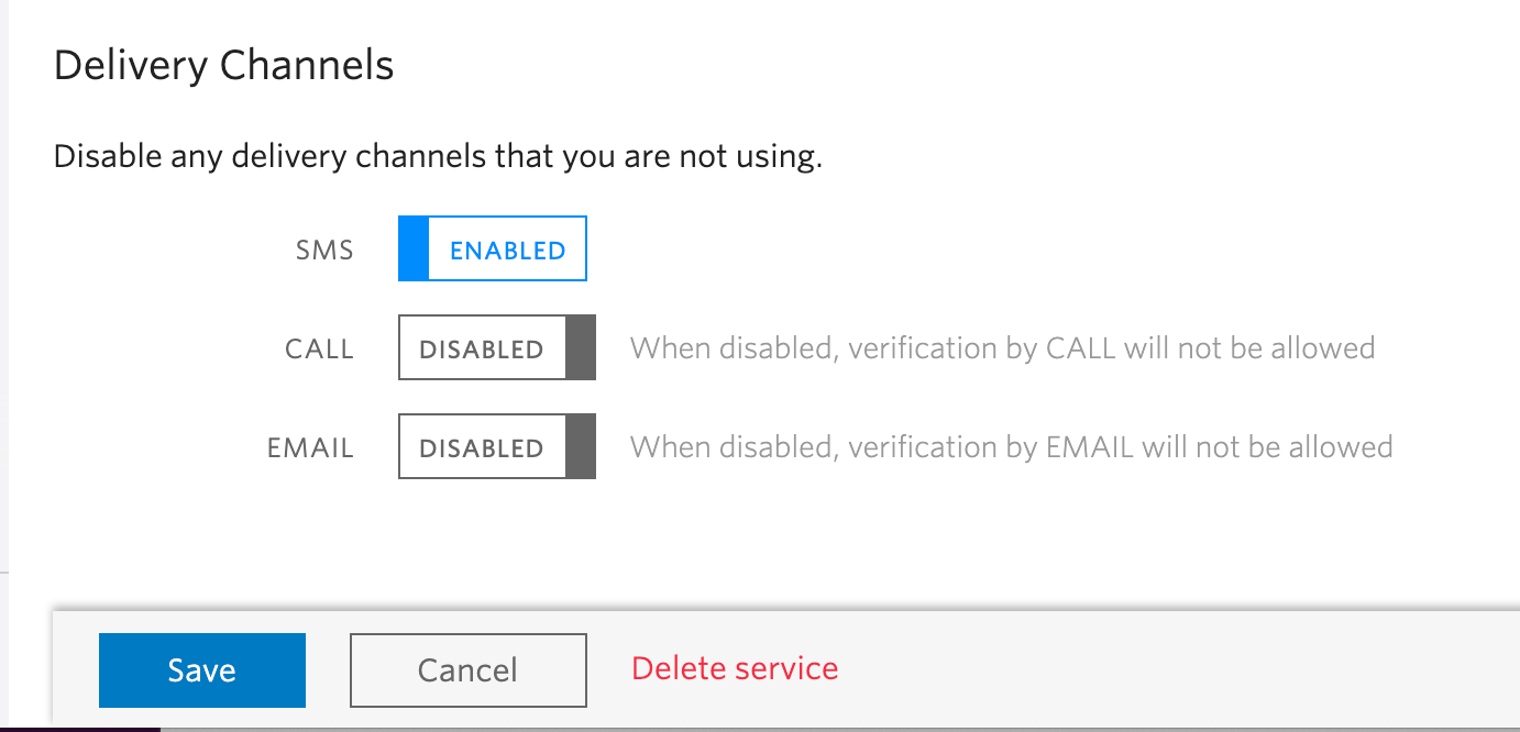 screenshot of verify service settings page showing call enabled and sms and email disabled