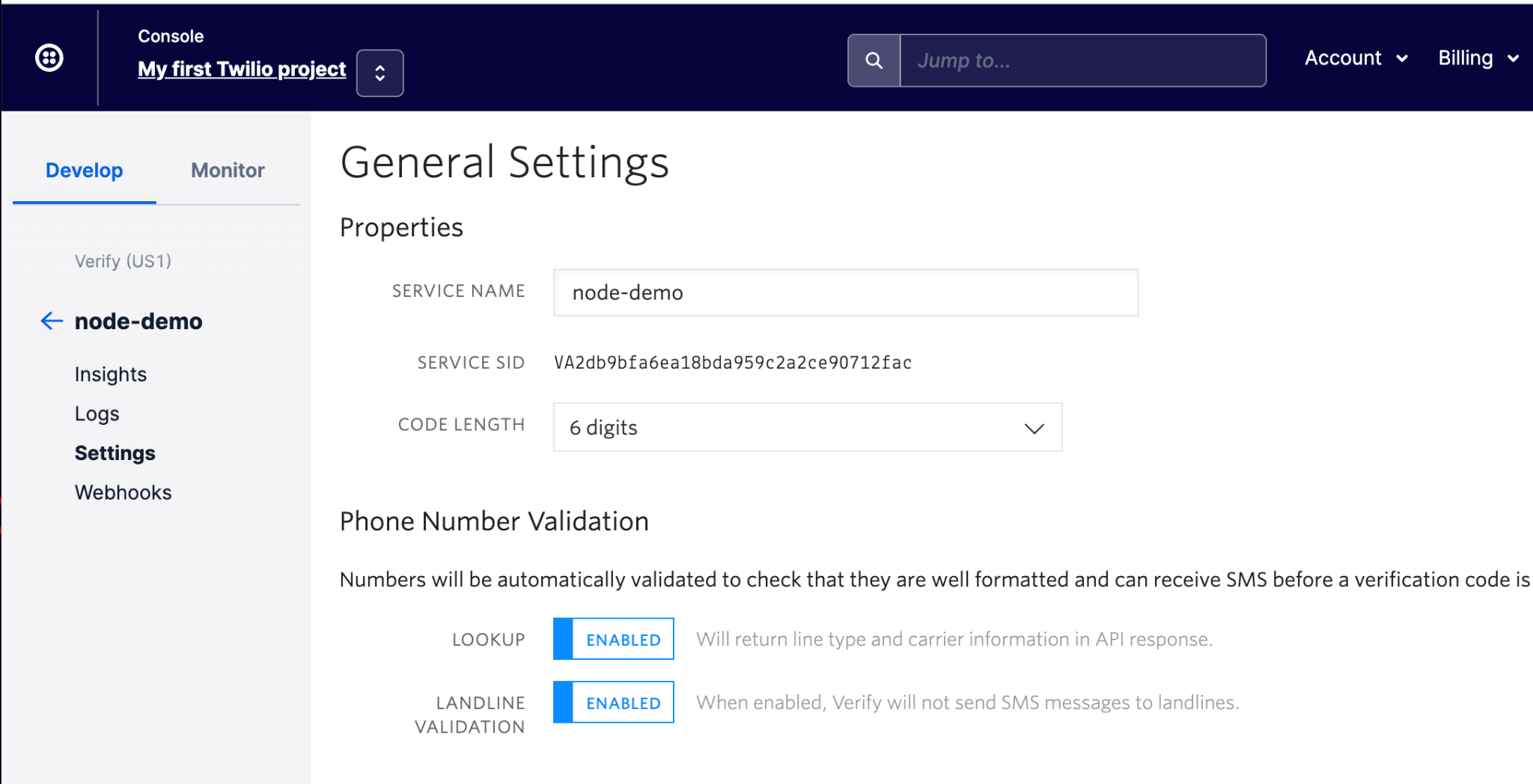Twilio Service General Settings page
