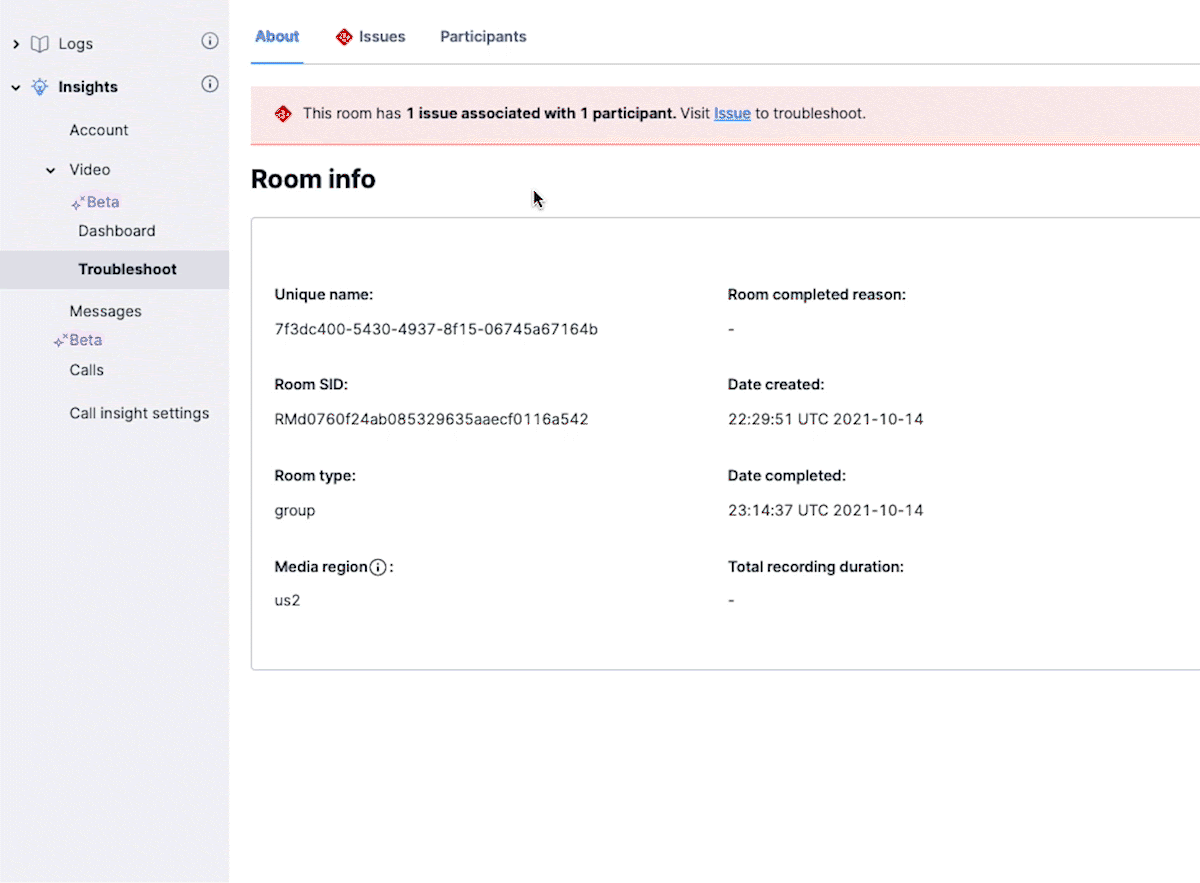 Example detected issue in room summary JP