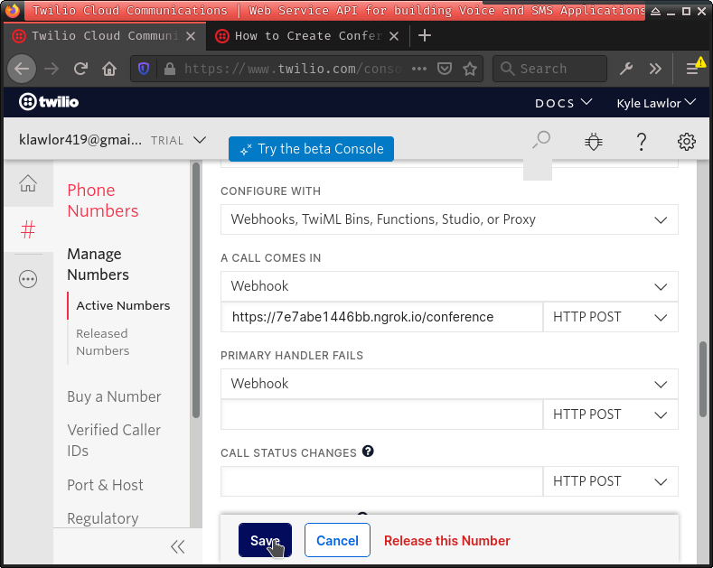 Configure Twilio phone number webhook