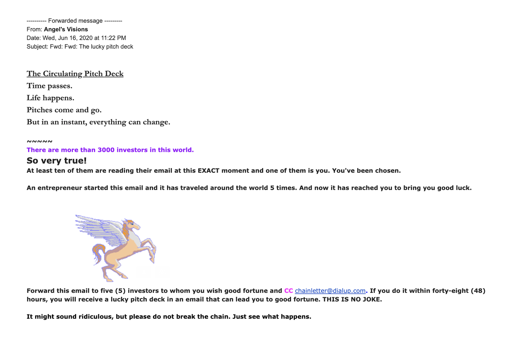 A screenshot of Baskin&#x27;s lucky pitch deck email, a unicorn-gif-laden throwback to an earlier era of email spam
