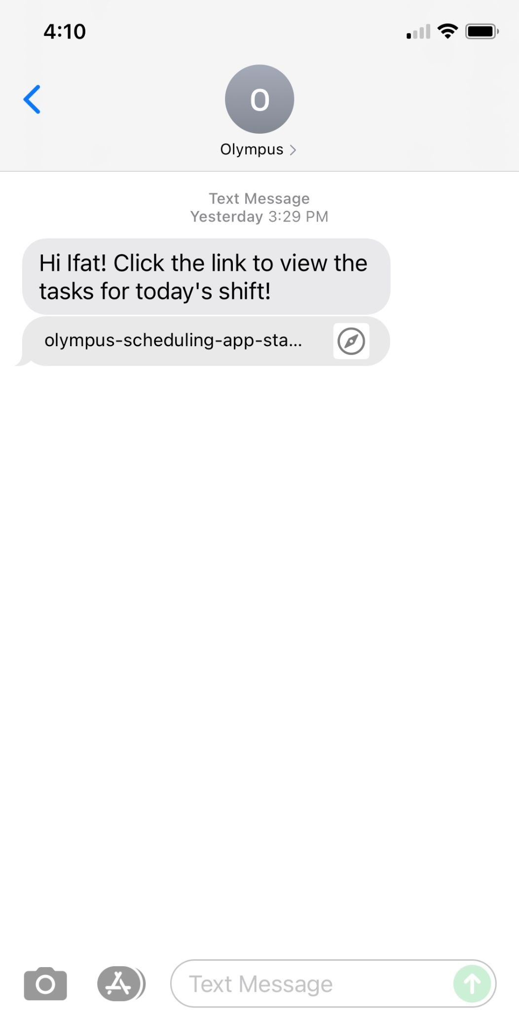 An example text message from the Olympus app
