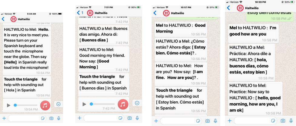 Language teaching screenshots from conversations with HALTWILIO