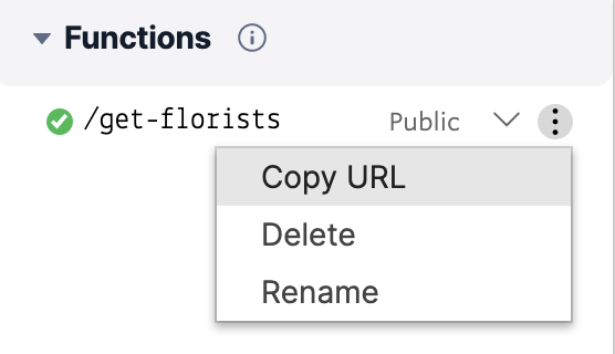 The area in the Twilio Functions console where you can click the dropdown to change the protections and also where you can find the Copy URL option from clicking the three dots