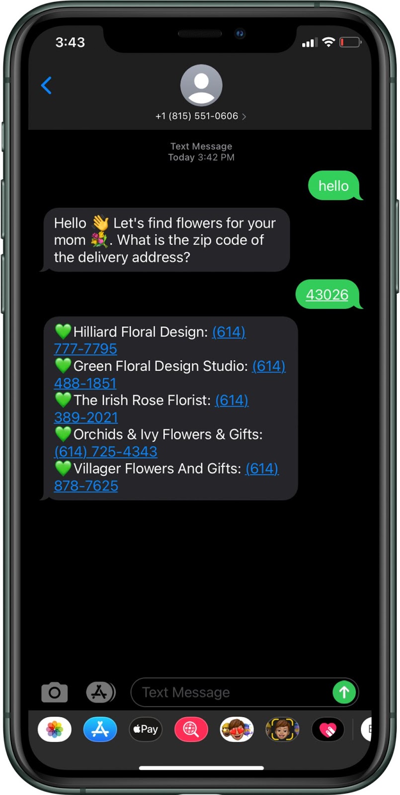 An image of an iPhone with the full conversation as it should appear once the app is working, including a greeting messages and a list of florists returned by the Yelp API