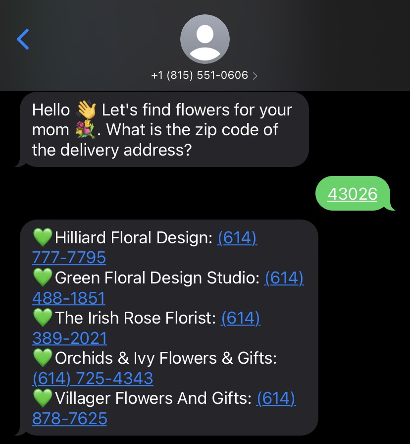 A screenshot of a text message exchange that shows a list of Flower Delivery services from the Yelp API response to the Twilio number