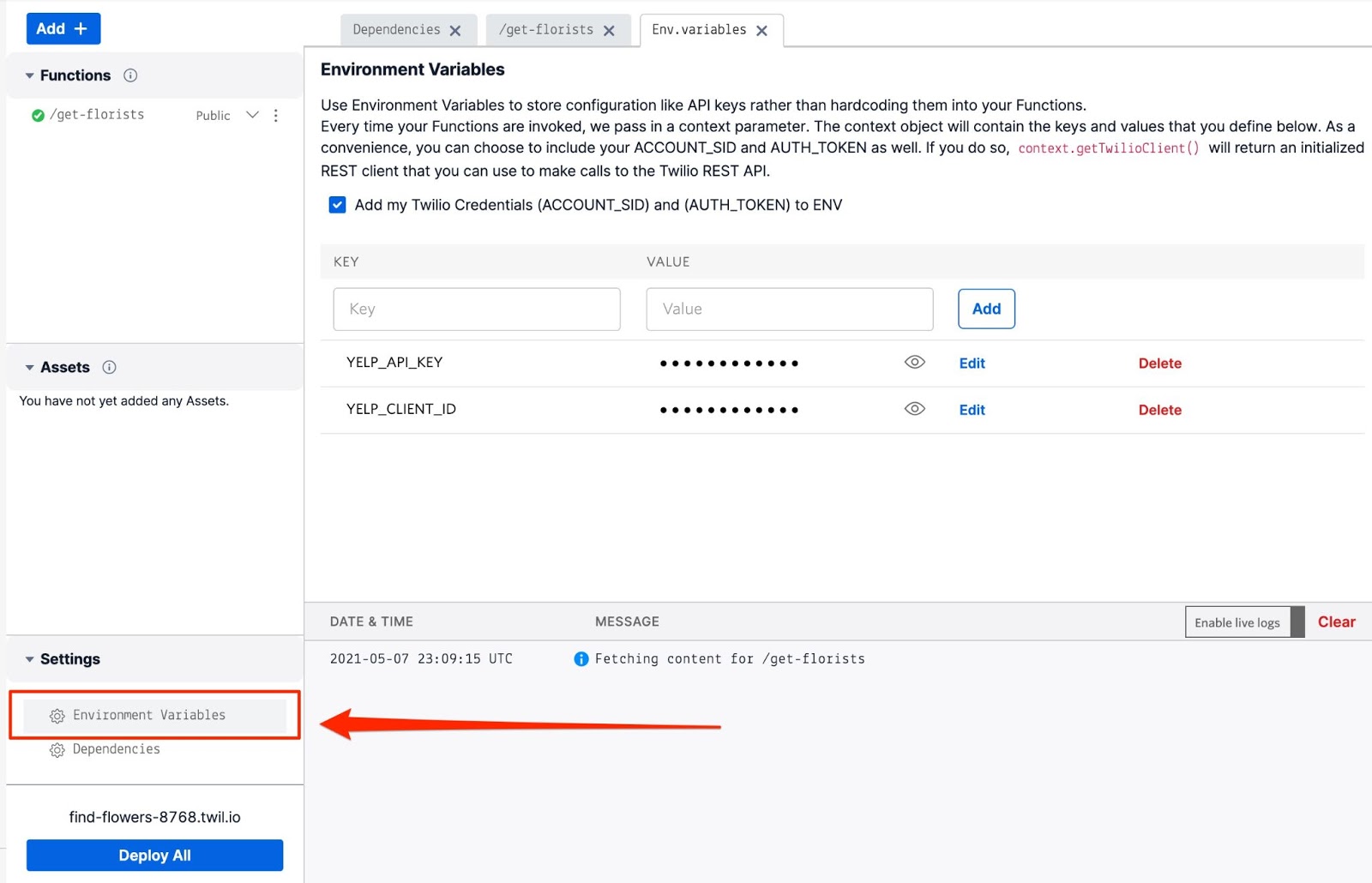 The Twilio Functions console with a red arrow pointing to the Environment Variables section the lower left hand corner of the screen